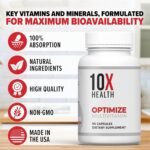10X Health Optimize Men's Methylated Multivitamin - 90 Capsules, 34-in-1 Formula with 800 mcg Vitamin B12, 5-MTHF, NAC and Methylated B Complex