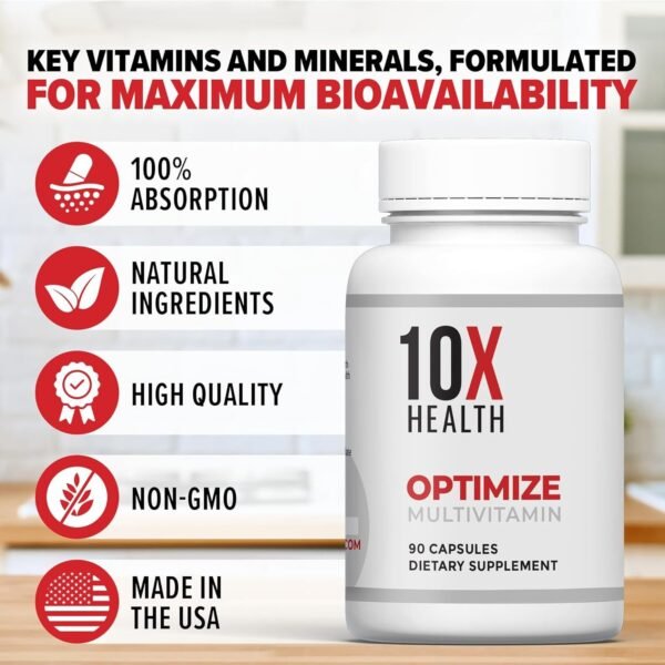 10X Health Optimize Men's Methylated Multivitamin - 90 Capsules, 34-in-1 Formula with 800 mcg Vitamin B12, 5-MTHF, NAC and Methylated B Complex