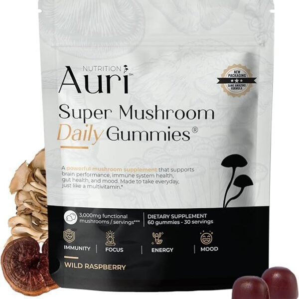 Auri Nutrition Super Mushroom Daily Gummies — All-in-One Functional Gummies with a 12-Mushroom Blend, Including Lion’s Mane, Reishi, Chaga and Cordyceps