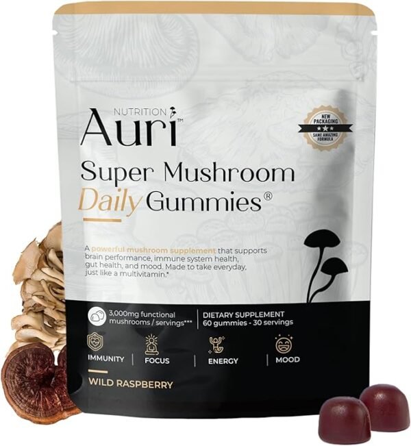 Auri Nutrition Super Mushroom Daily Gummies — All-in-One Functional Gummies with a 12-Mushroom Blend, Including Lion’s Mane, Reishi, Chaga and Cordyceps