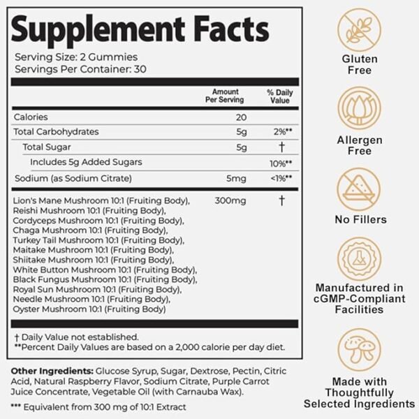 Auri Nutrition Super Mushroom Daily Gummies — All-in-One Functional Gummies with a 12-Mushroom Blend, Including Lion’s Mane, Reishi, Chaga and Cordyceps