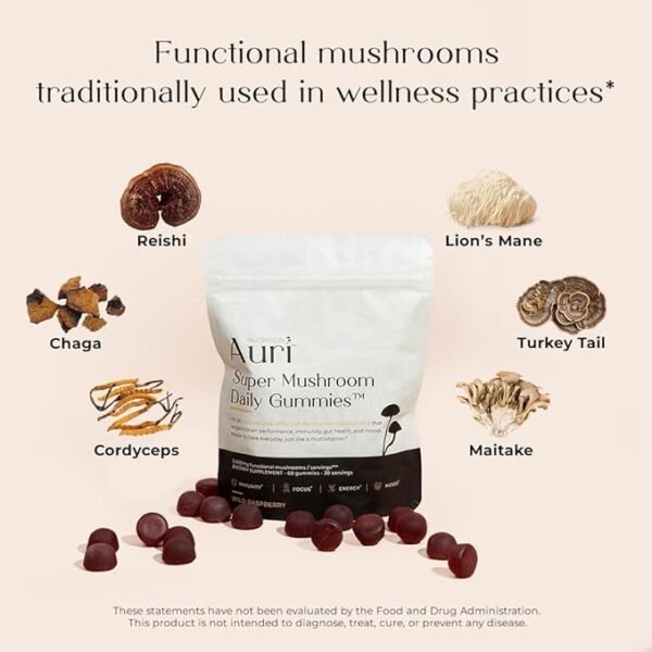 Auri Nutrition Super Mushroom Daily Gummies — All-in-One Functional Gummies with a 12-Mushroom Blend, Including Lion’s Mane, Reishi, Chaga and Cordyceps