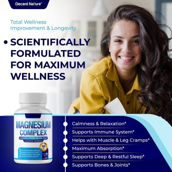 Magnesium Complex Supplement 8 Elements 1000 mg – Magnesium Glycinate, Citrate, Malate, Taurate, Chelated for Enhanced Absorption | Supports Bone, Muscle, Recovery & Energy | Vegan, Non-GMO, 90 Capsules