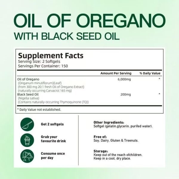 Oregano Oil, 300 Softgels, 6000 mg Oregano Oil with Black Seed Oil for Immune & Digestive Support, Aceite de Oregano with High Carvacrol and Thymoquinone