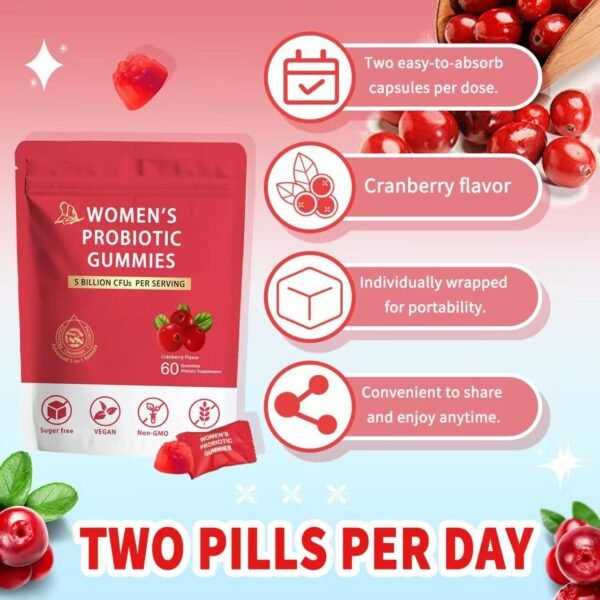 Cranberry Probiotic Gummies for Women, Urinary Tract Health & Digestive Support, Extra Strength