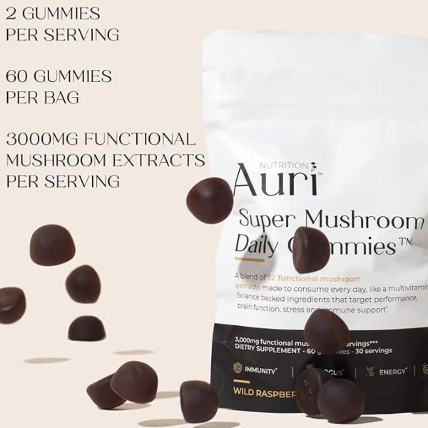 Auri Nutrition Super Mushroom Daily Gummies — All-in-One Functional Gummies with a 12-Mushroom Blend, Including Lion’s Mane, Reishi, Chaga and Cordyceps