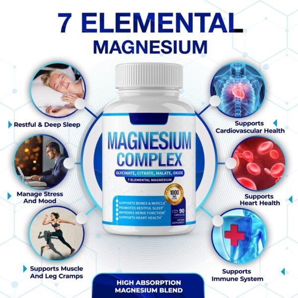 Magnesium Complex Supplement 8 Elements 1000 mg – Magnesium Glycinate, Citrate, Malate, Taurate, Chelated for Enhanced Absorption | Supports Bone, Muscle, Recovery & Energy | Vegan, Non-GMO, 90 Capsules