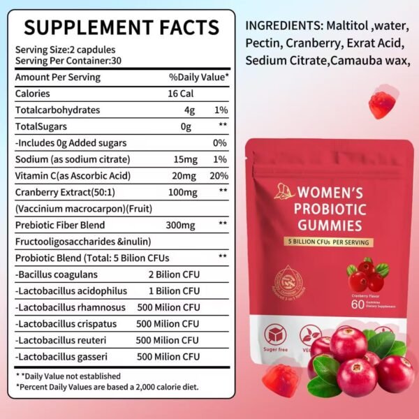 Cranberry Probiotic Gummies for Women, Urinary Tract Health & Digestive Support, Extra Strength